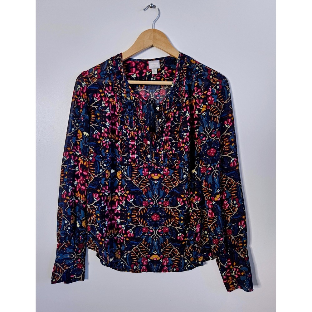 Converse One Star Floral Pintuck Blouse M Blue Pink Long Sleeve Boho Cottagecore - Picture 2 of 5